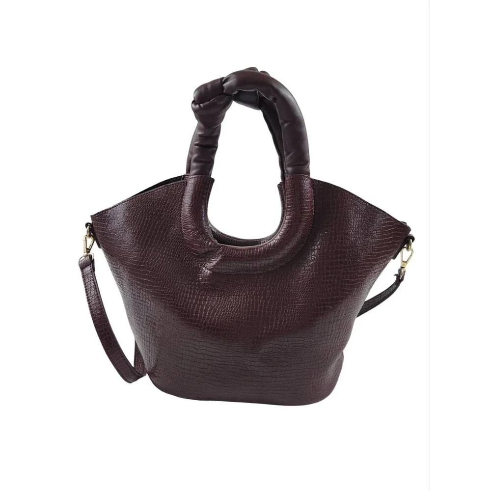 Anthropologie Ring Handle Crossbody Bag Burgundy Croc Embossed EUC